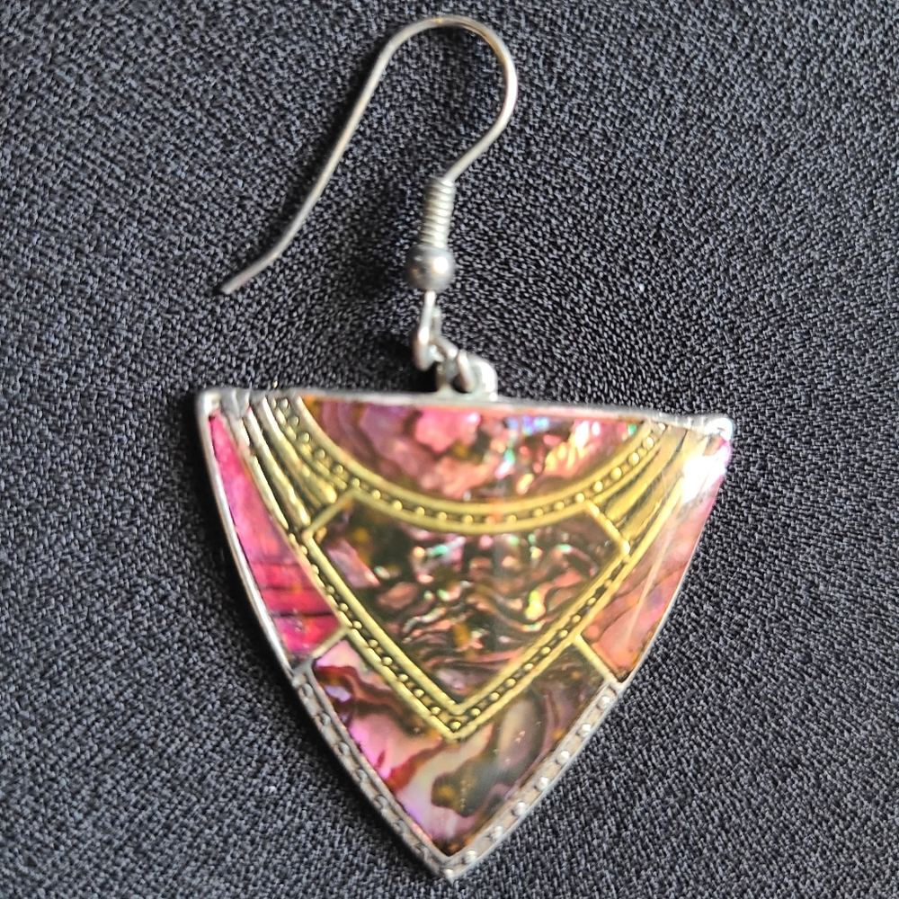Vintage 90's earrings, dangle, coral and purple enamel, silver and gold accents - Picture 2 of 4